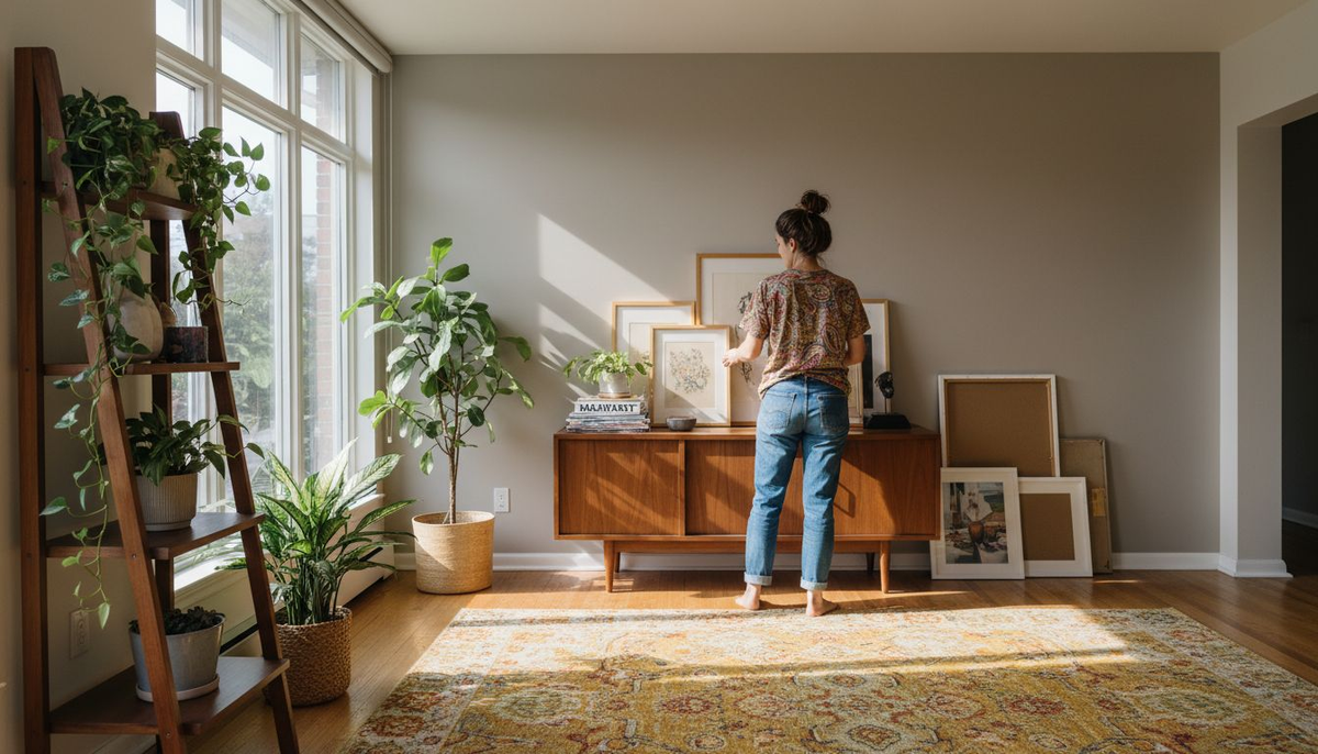Woman arranging framed wall art in home