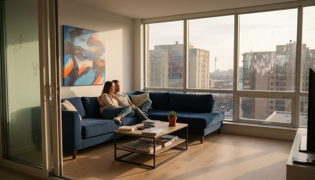 Couple in sunny living room with large wall art