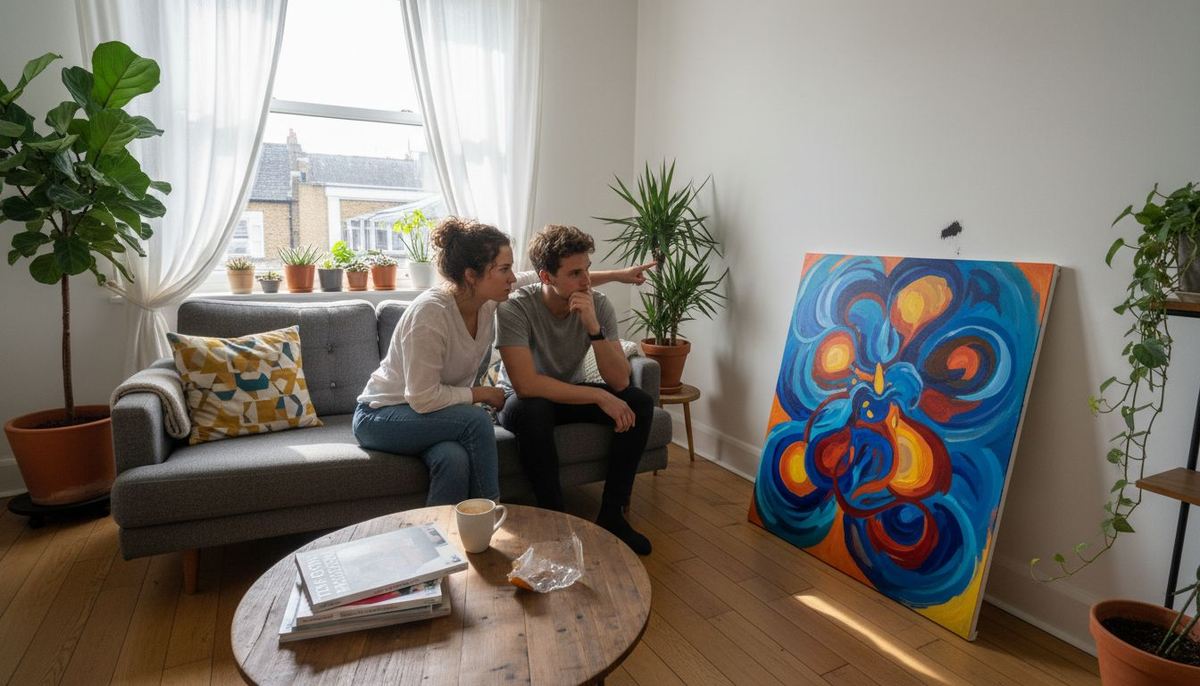 Couple choosing abstract wall art in bright apartment