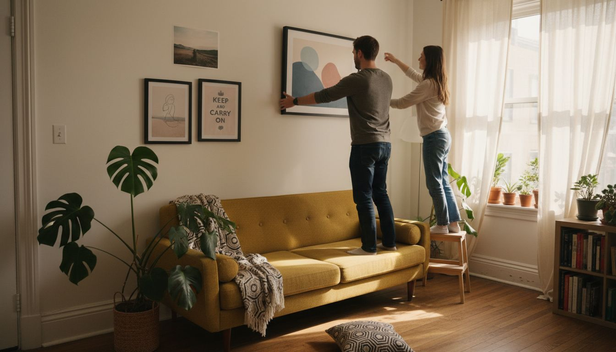 Couple hanging art print in living room
