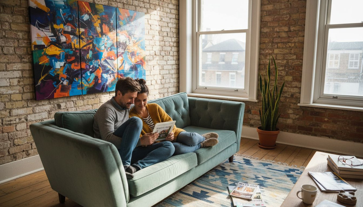 Couple with statement art in living room