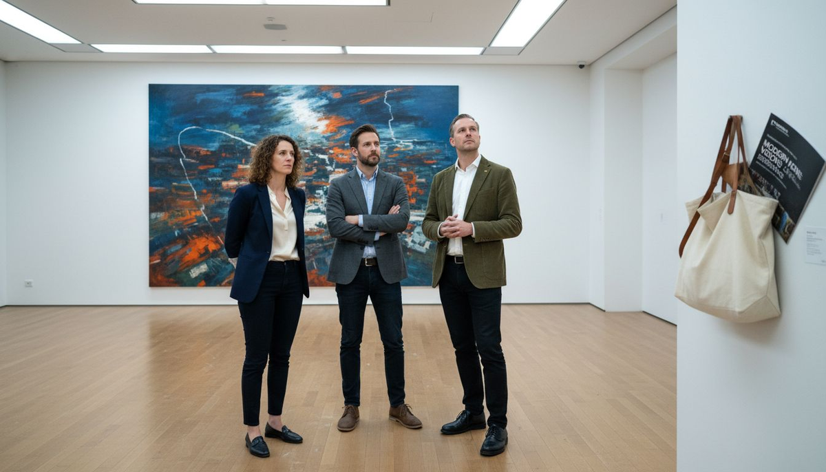 Visitors viewing modern art in bright gallery