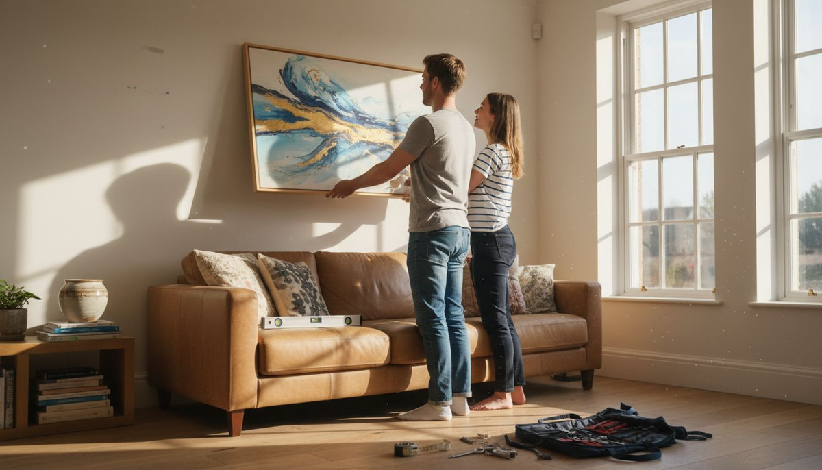 Couple hanging bespoke art in living room