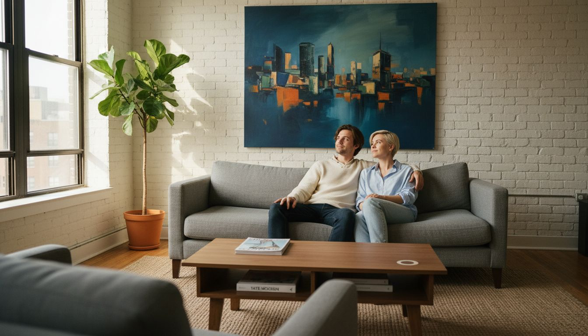 Couple viewing modern wall art in apartment