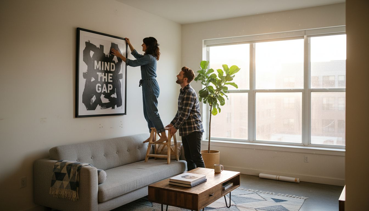 Couple hanging statement art in modern apartment