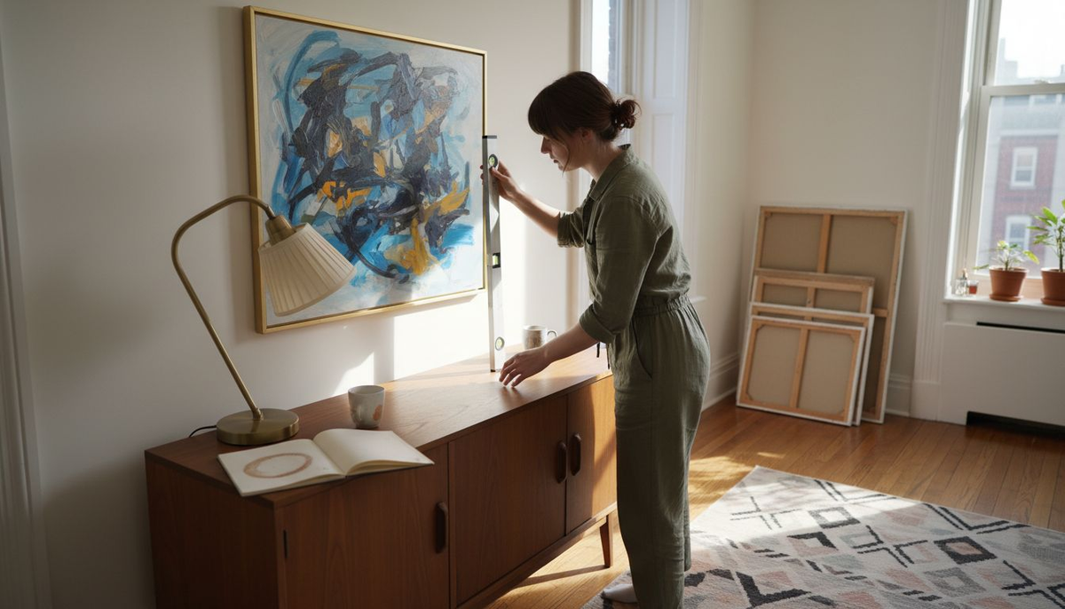 Woman hanging framed artwork in apartment