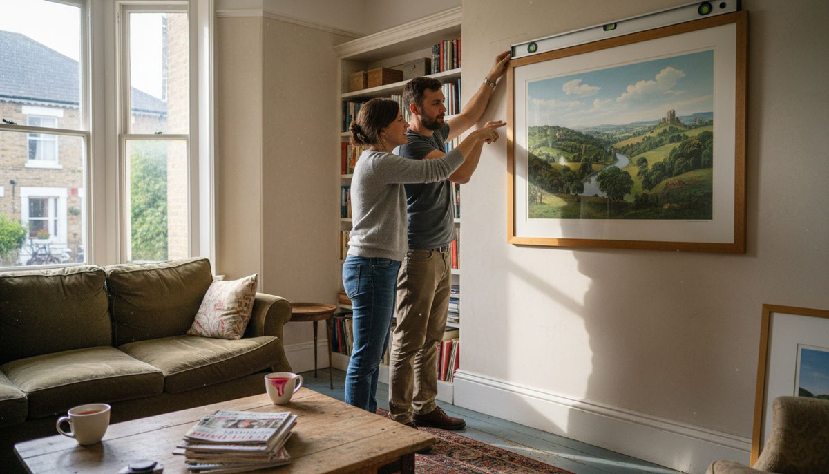 Couple hanging British art print in home