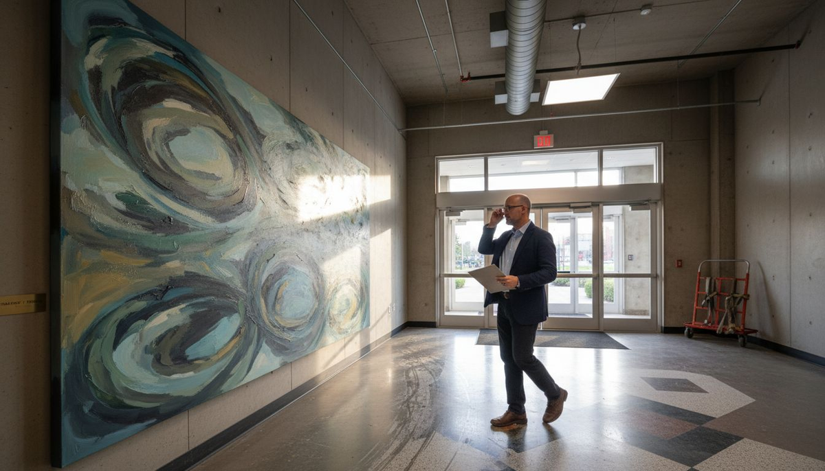 Manager assessing large art in building lobby