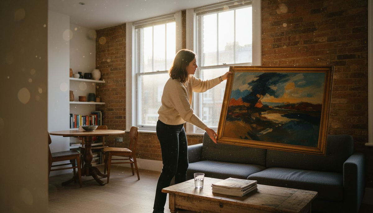 Woman hanging art in small city apartment
