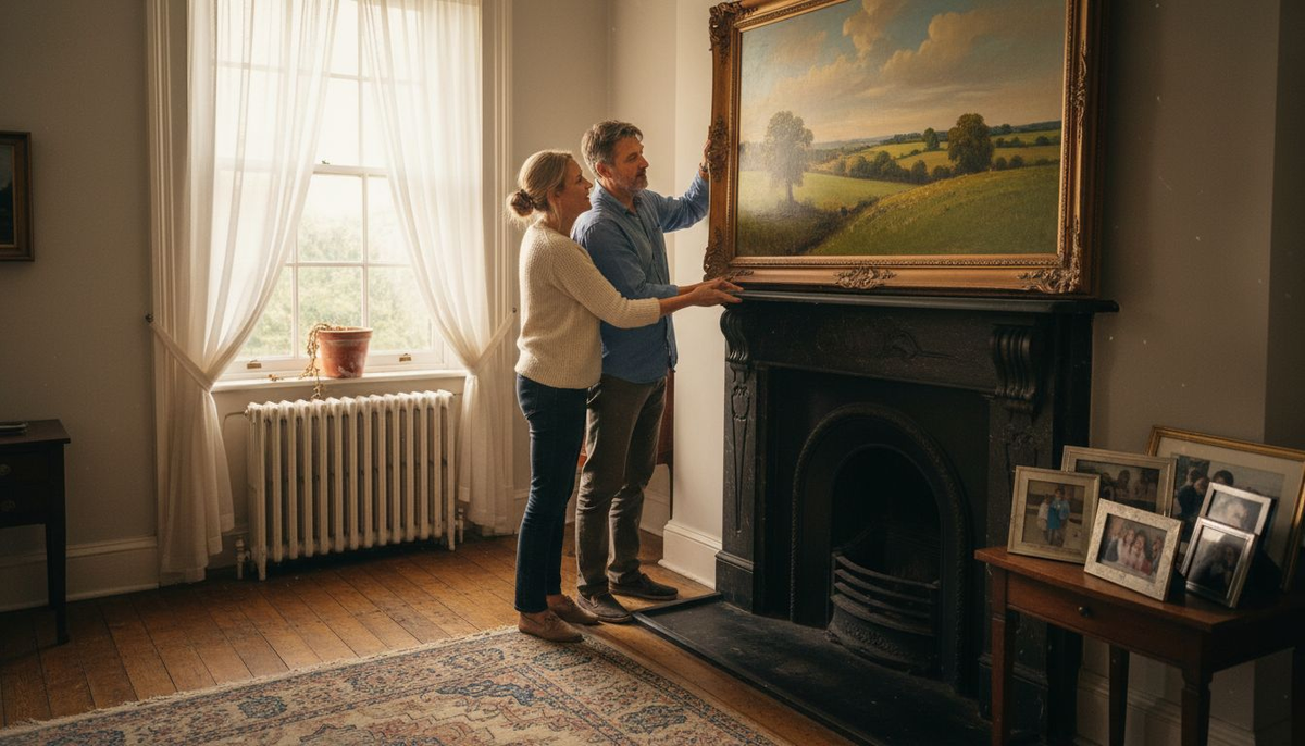 Couple placing custom frame in UK home