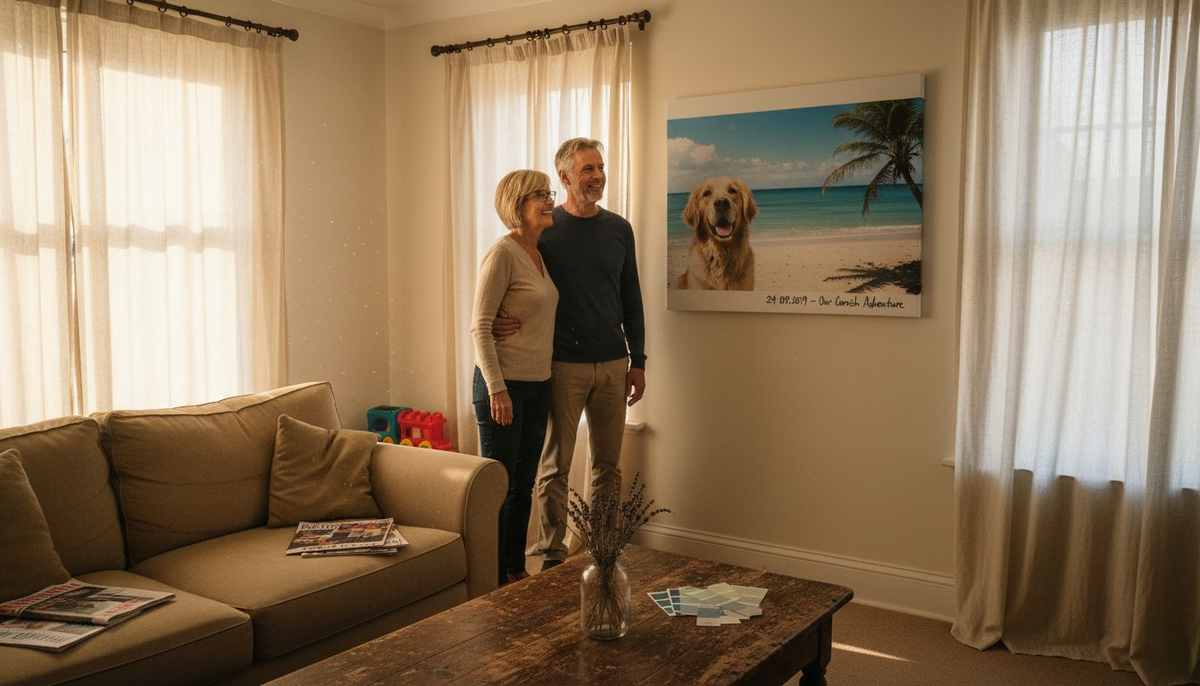 Couple hanging custom wall art at home