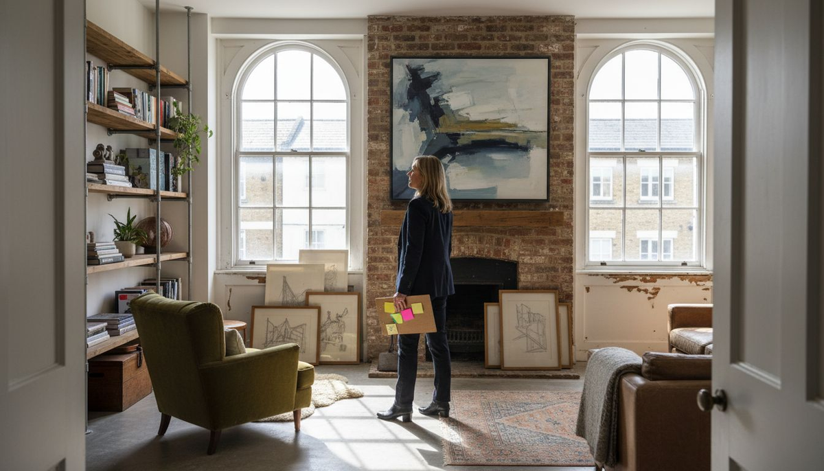 Developer reviews artwork in UK loft living room