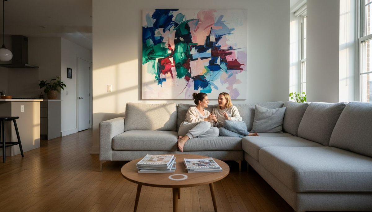 Couple viewing vibrant wall art in apartment
