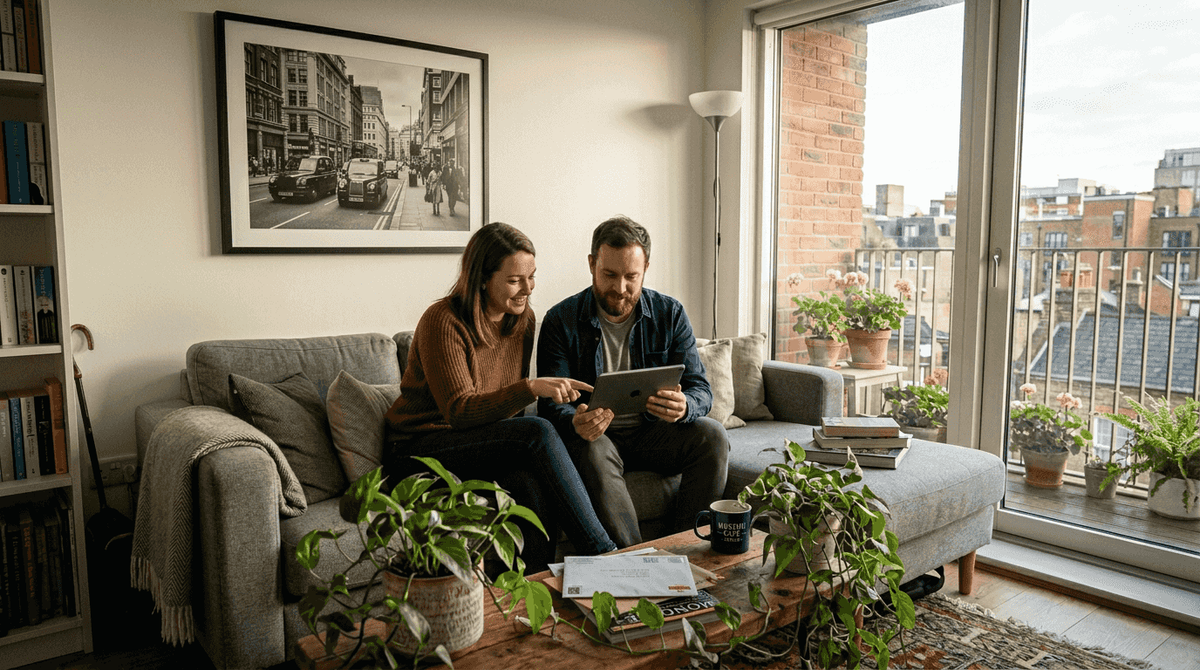 Couple arranges living room photographic wall art
