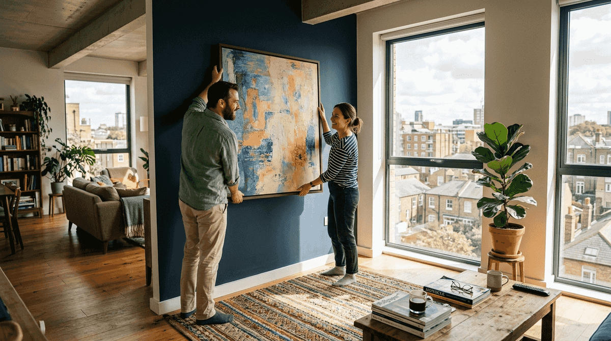 Couple hangs abstract art in city apartment
