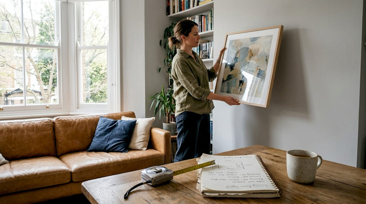 Woman choosing artwork above living room sofa