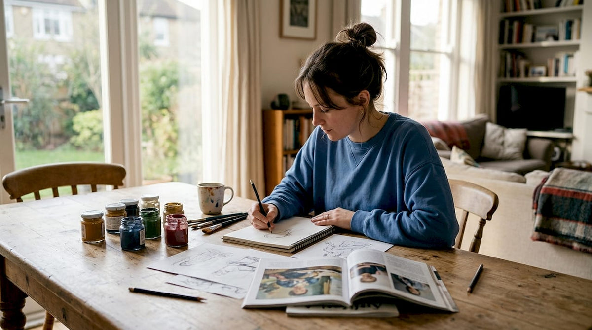 Artist sketching ideas at cluttered home table