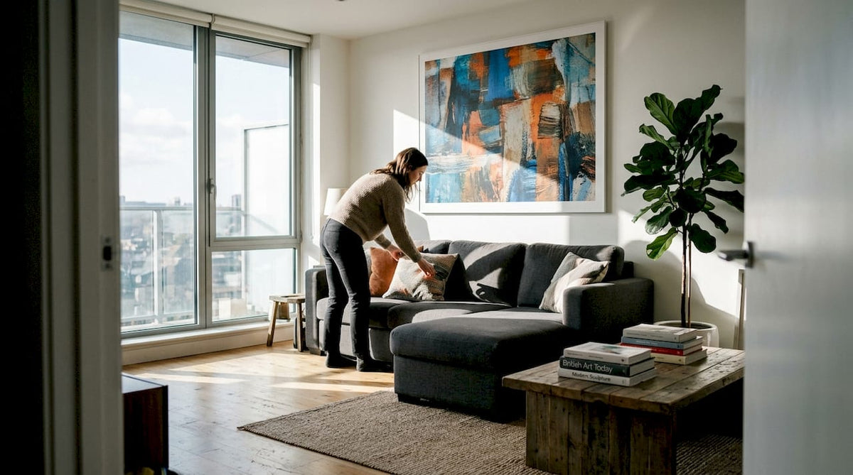 Woman arranging cushions below large wall print