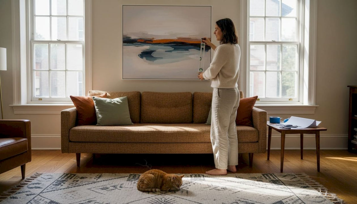 Woman hanging abstract print in living room
