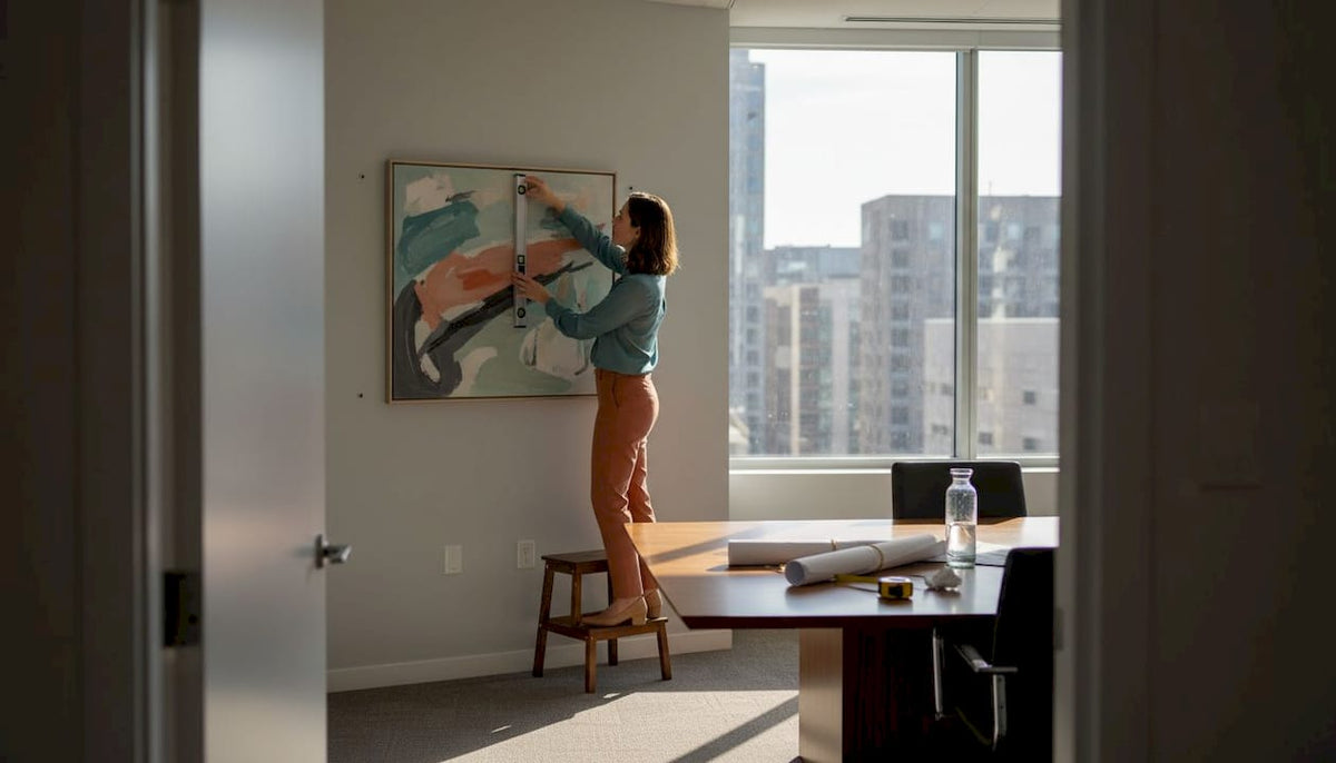 Woman hanging artwork in meeting room