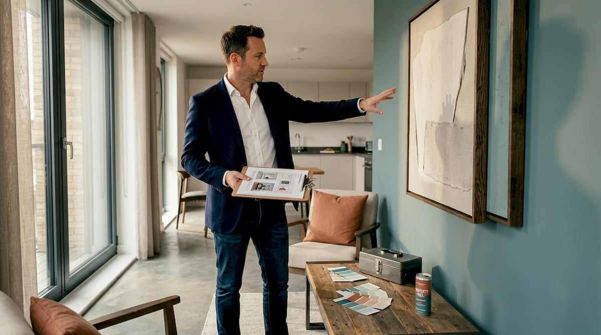 Developer checking wall art plan in apartment