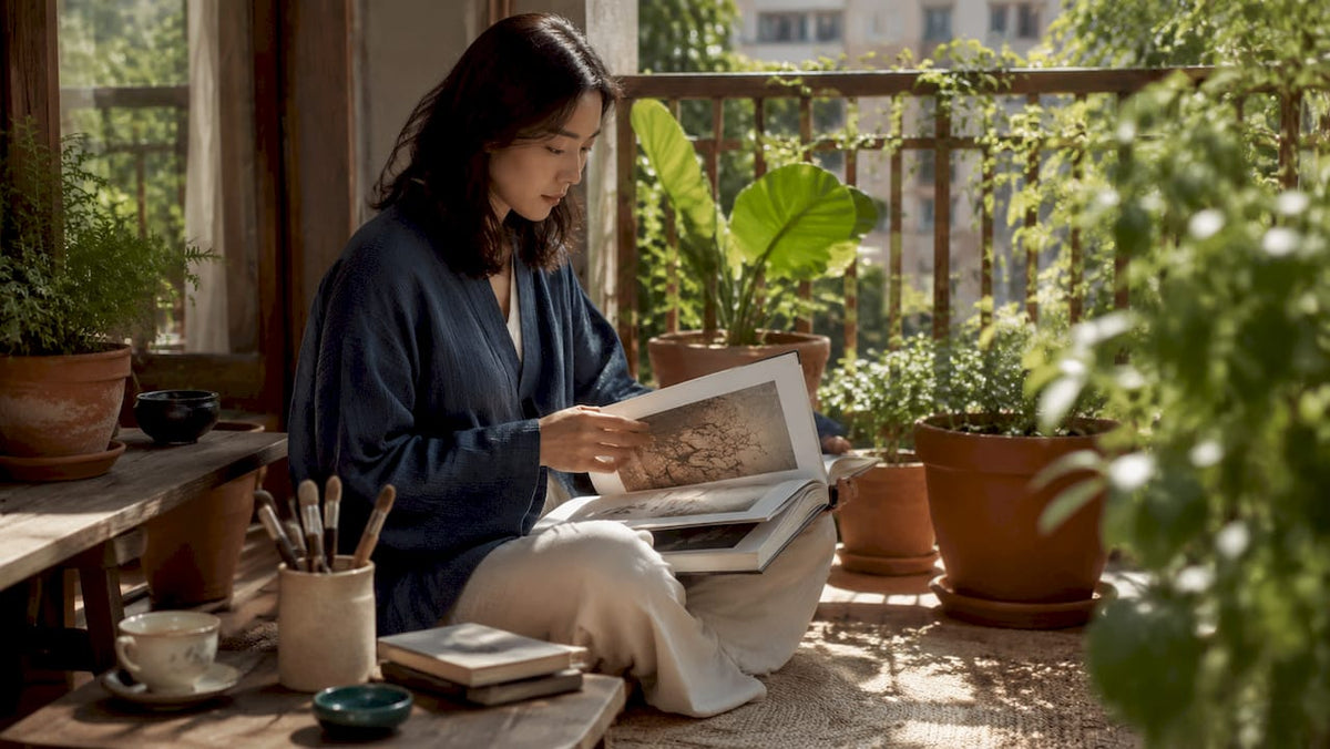 Woman reviewing art styles book in living room