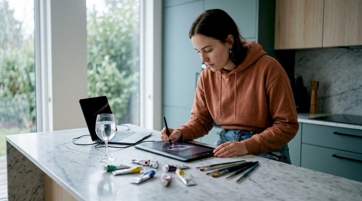 Digital artist working on tablet at home studio