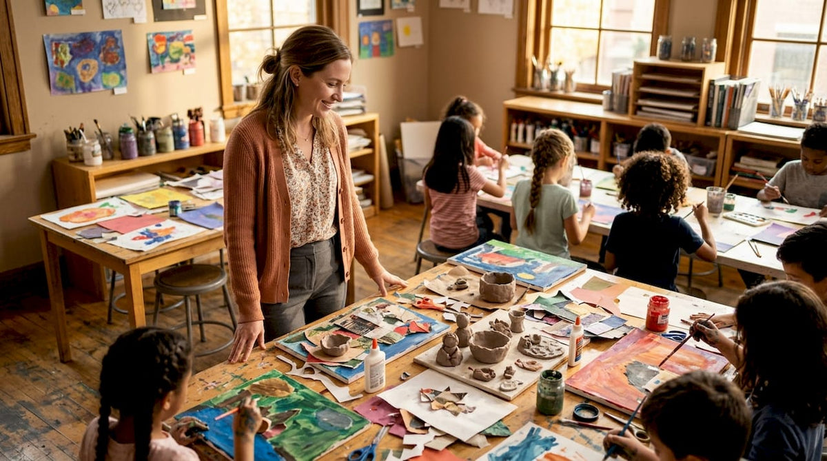 Teacher supervising student art projects in classroom