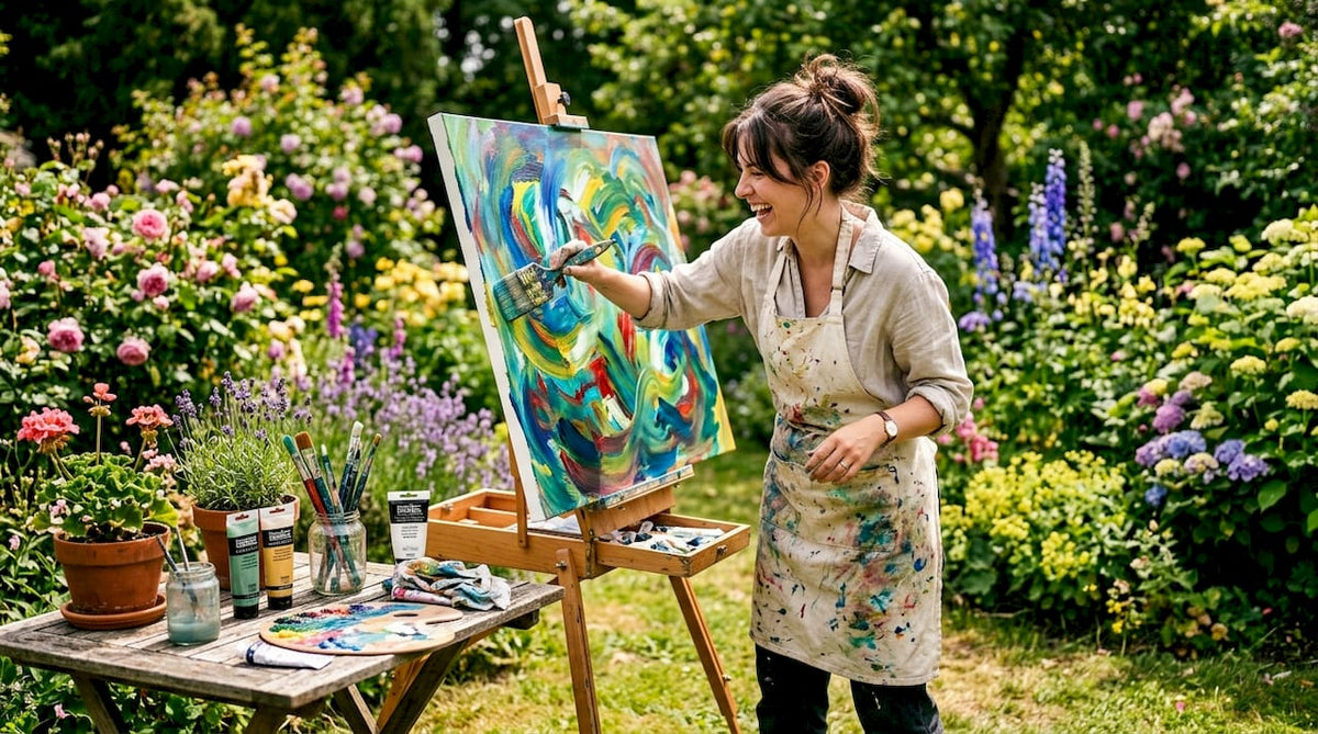 Beginner painting colorful abstract art on canvas