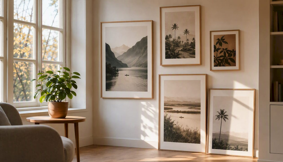 Scandinavian art prints styled on living room wall