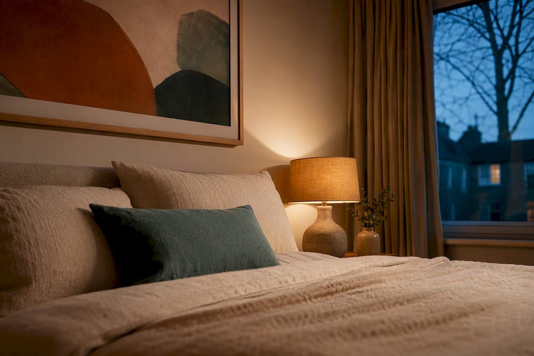Calm bedroom with softly lit artwork