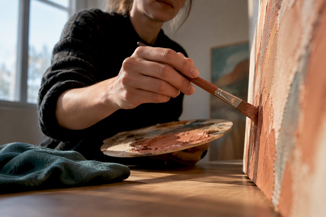 Painter applying matched colour to canvas