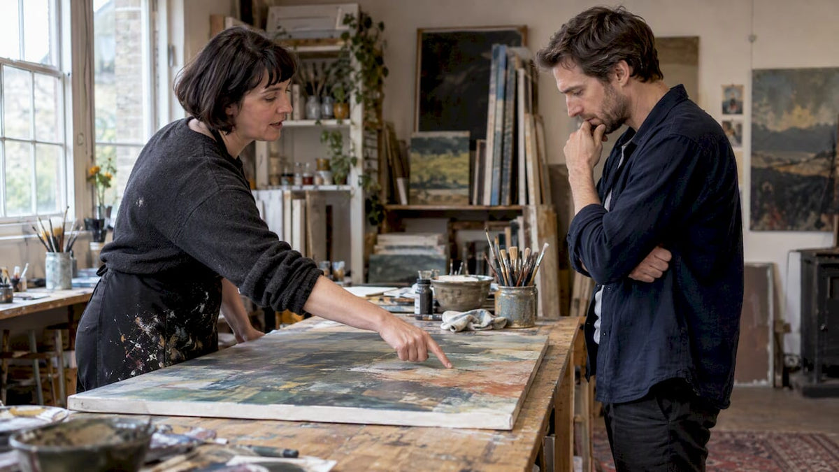 Artist and commissioner reviewing artwork changes