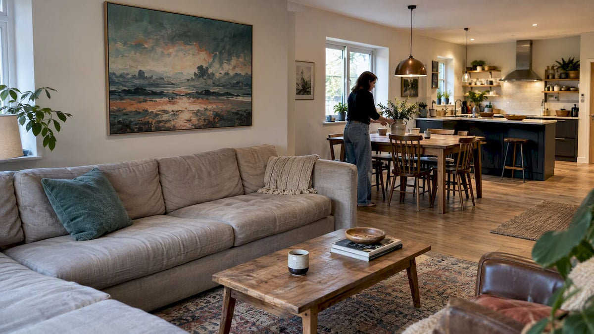 Large artwork dividing open plan living zones