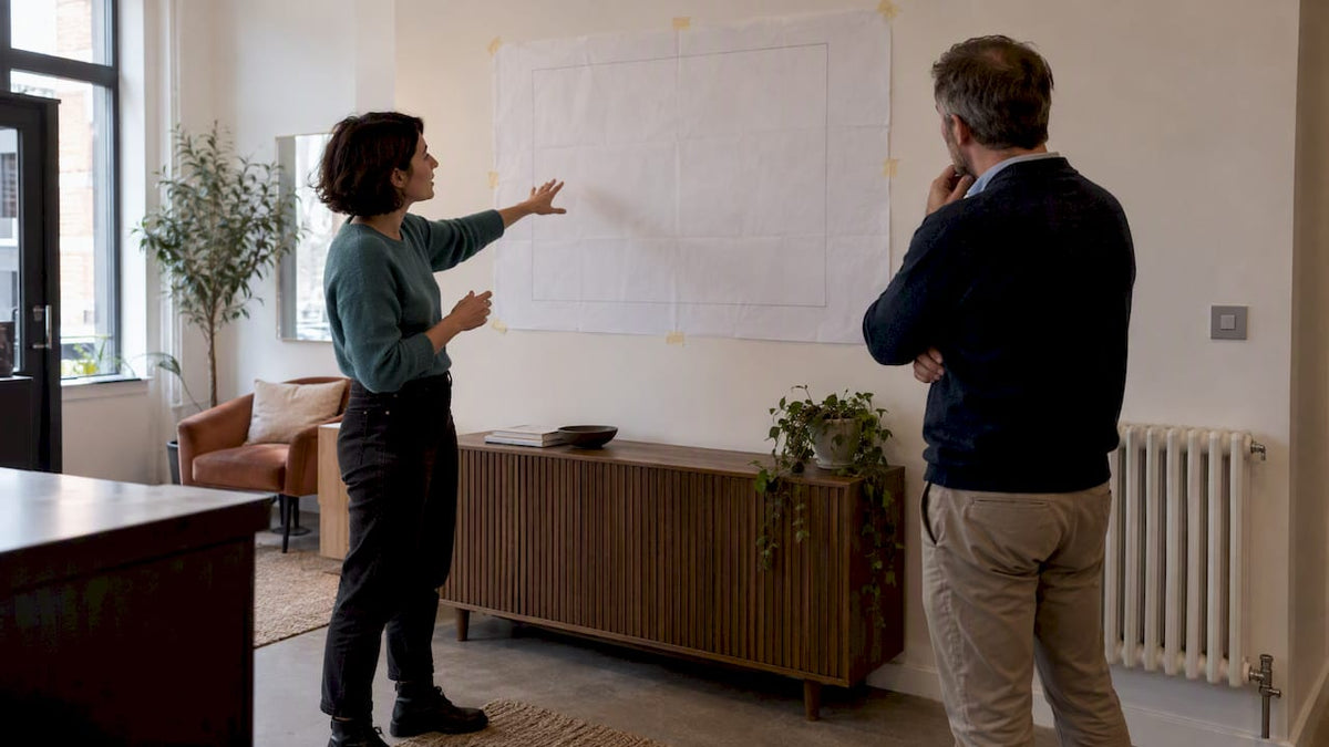 Designer and homeowner reviewing wall artwork mockup