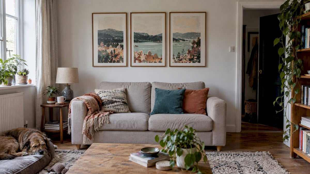 Framed triptych centred above a two-seater sofa