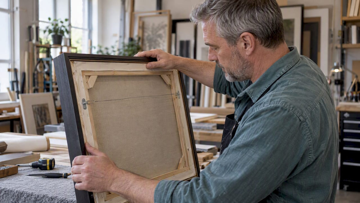 Framed artwork materials inspected in a workshop