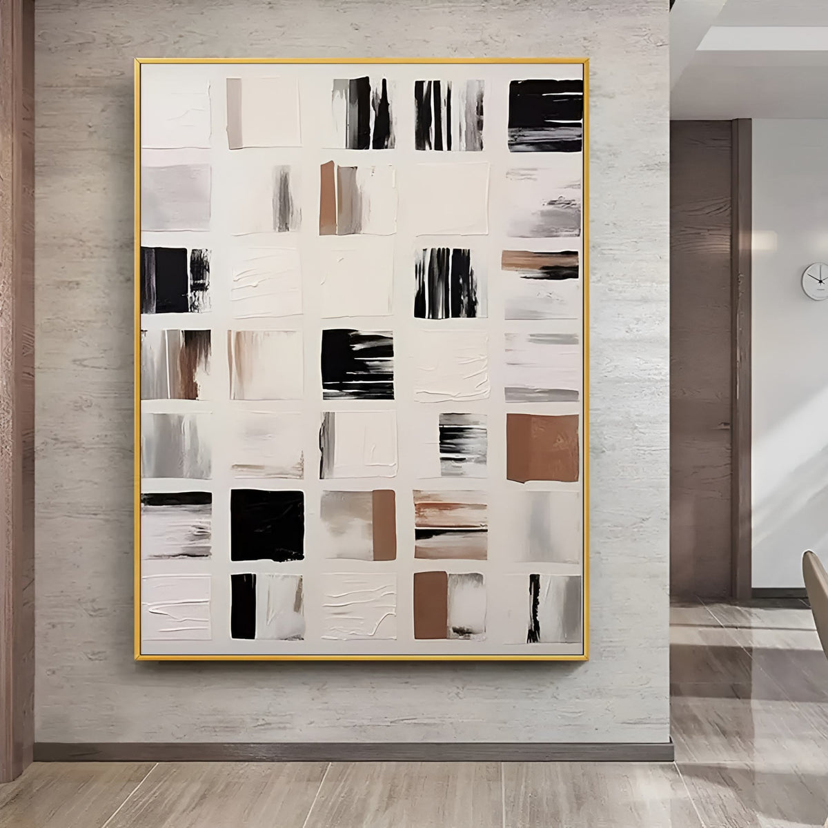 A structured yet artistic grid of expressive brushwork in calming neutral colors, bringing visual interest and serenity to contemporary living or dining spaces.