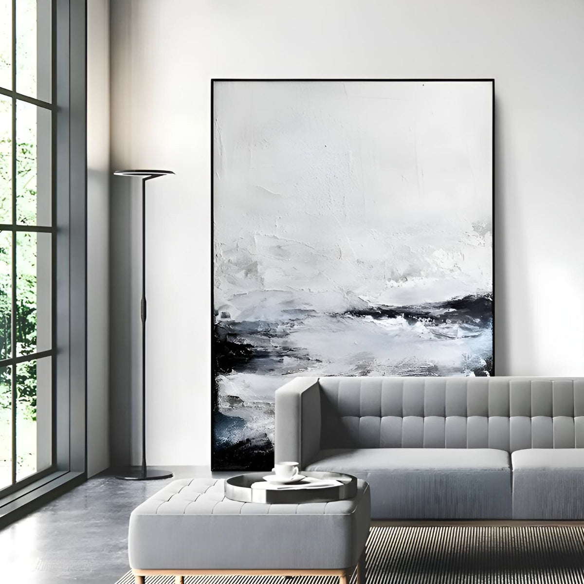 Handmade oil painting of abstract black and white waves, perfect for cozy living rooms.
