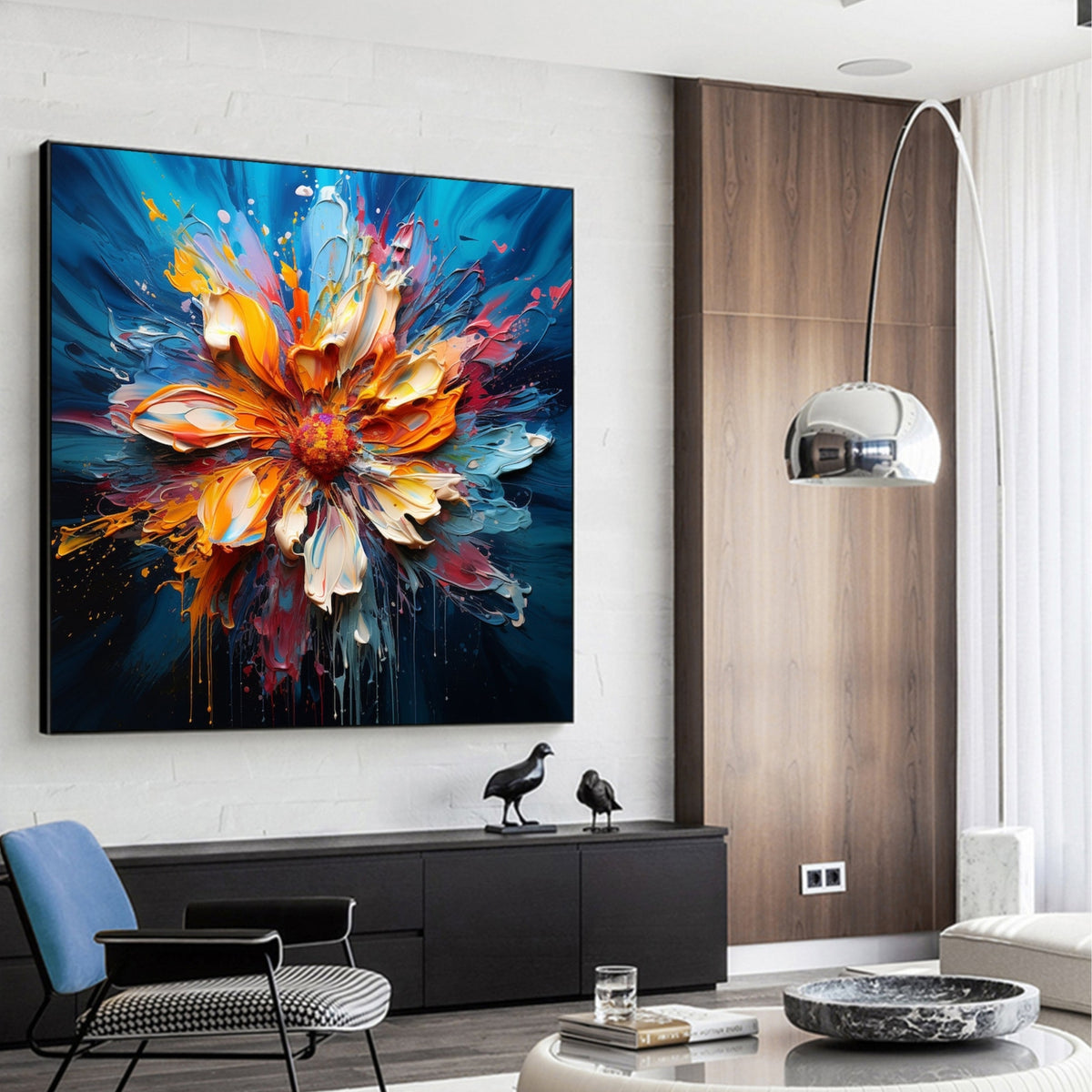 Colorful abstract flower painting bursting with energy, hanging in a sleek modern living room with wood accents.