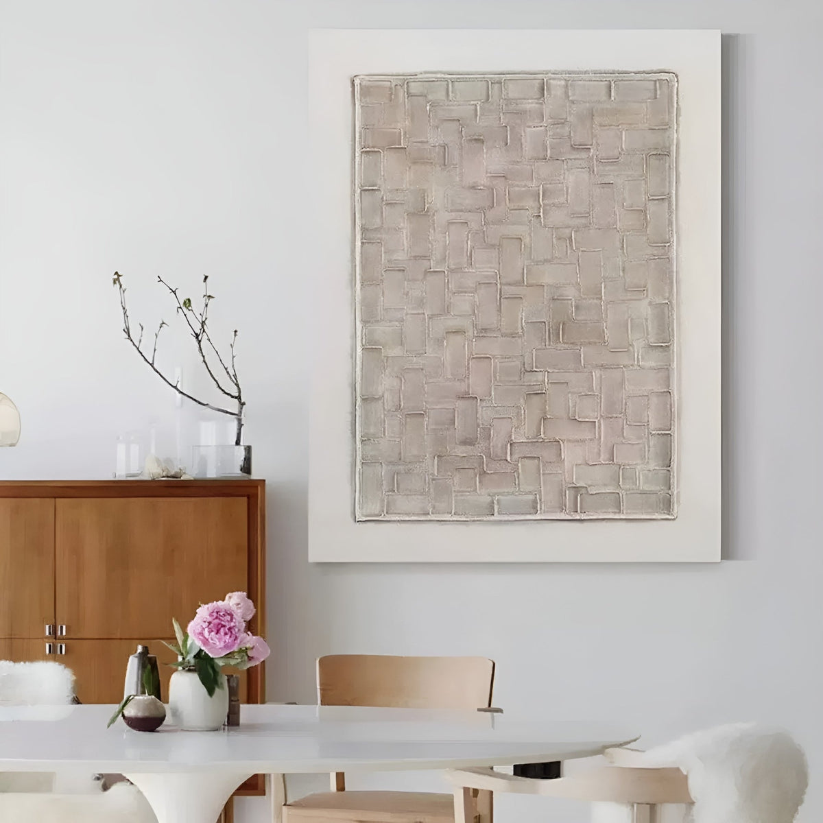 Large-scale neutral abstract painting with geometric shapes and muted earthy hues, ideal for minimalist and wabi-sabi interiors.