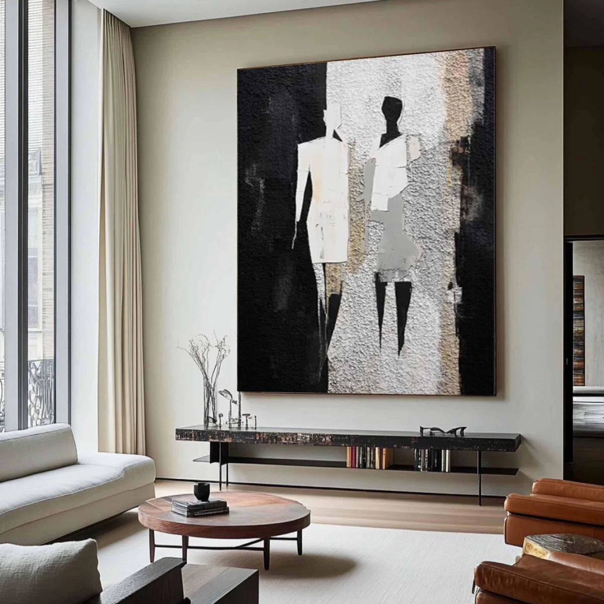 Abstract Silhouette Couple Oil Painting on Textured Canvas in Monochrome Palette – A sophisticated piece capturing two figures in minimalistic form, ideal for modern office spaces, lobbies, or high-end studios.