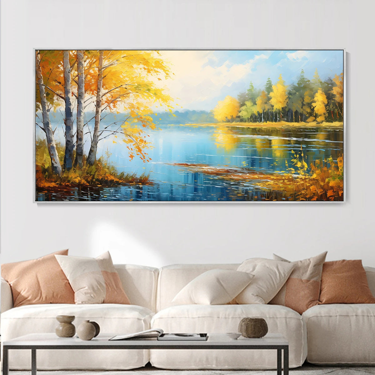 Colorful autumn lake landscape painting in modern living room with wood panel wall decor
