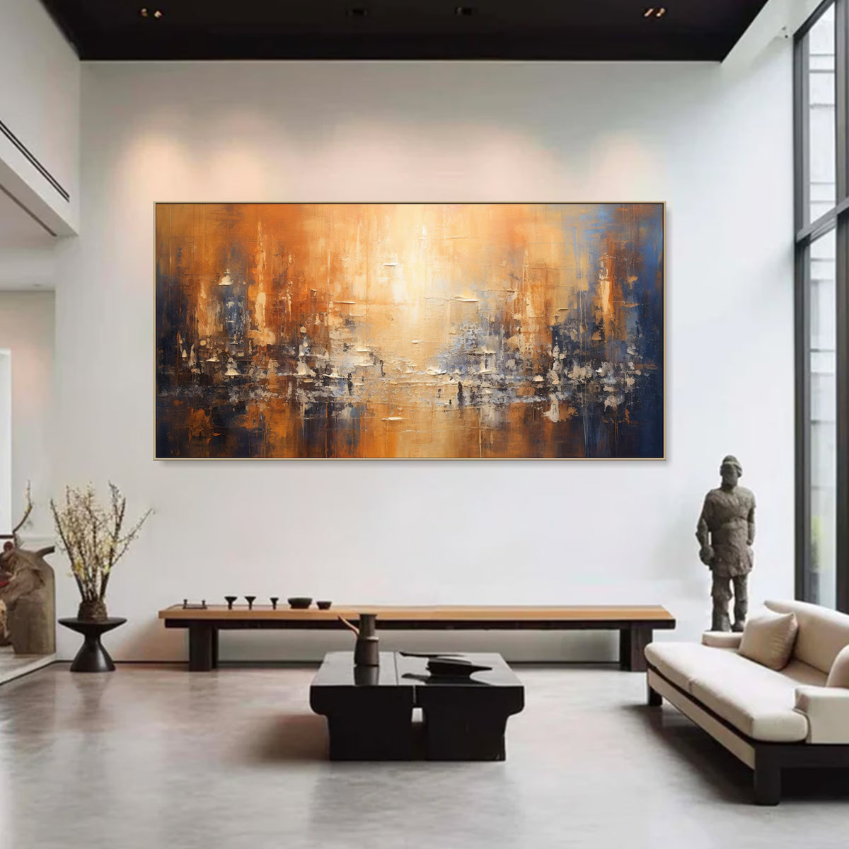 Abstract skyline painting in warm tones – A contemporary oil painting featuring a city skyline with golden yellow and deep blue hues. The abstract brushstrokes create a sense of urban reflection, perfect for adding vibrancy to a living room or creative office space.