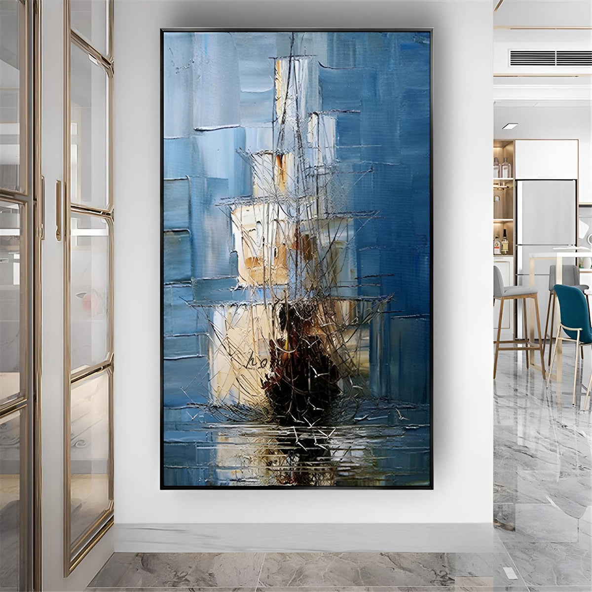 Handmade textured sailboat painting, ideal for a nautical-themed bedroom, hallway, or coastal-inspired living room.