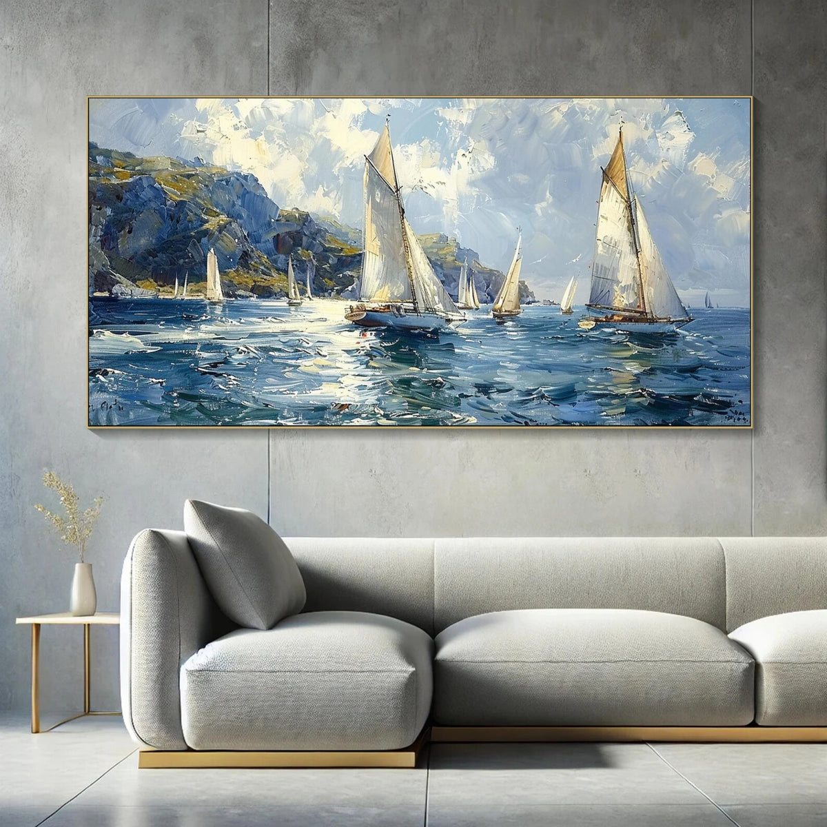 Impressionist sailing regatta painting with vibrant blues and expressive brushstrokes, perfect for coastal homes, holiday retreats, or spaces seeking a light and breezy nautical charm.