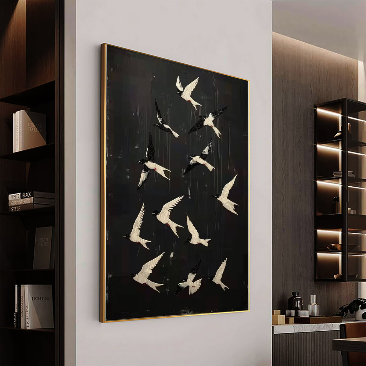 Black canvas with handmade white birds in flight, perfect for minimalist spaces, hallways, or boutique lobbies.