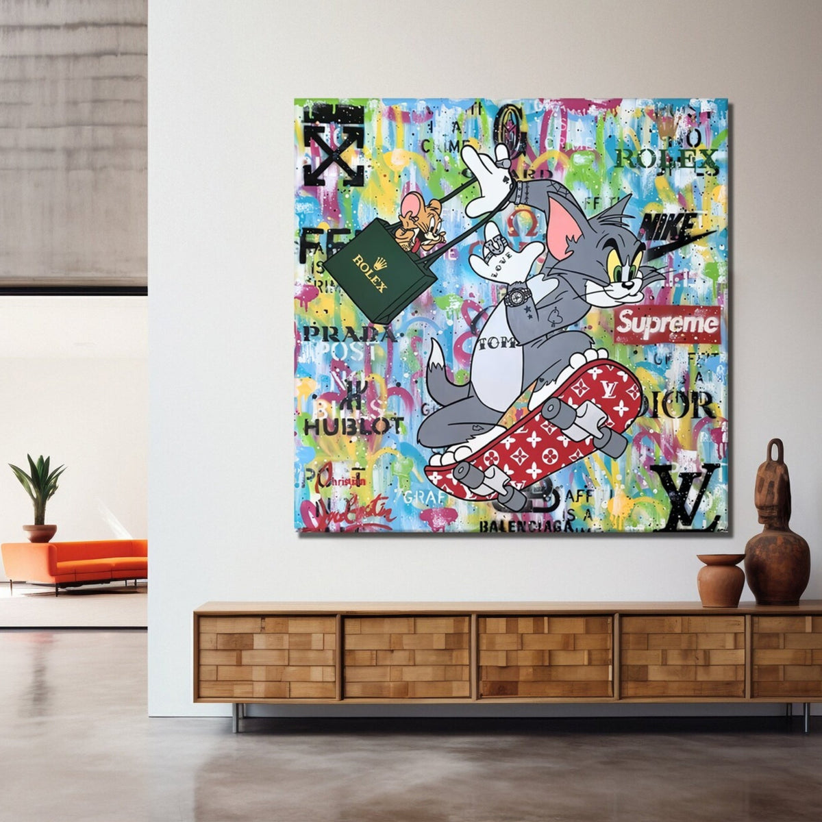Hand-painted pop art of Tom and Jerry skateboarding with designer fashion and streetwear influences – modern wall decor.