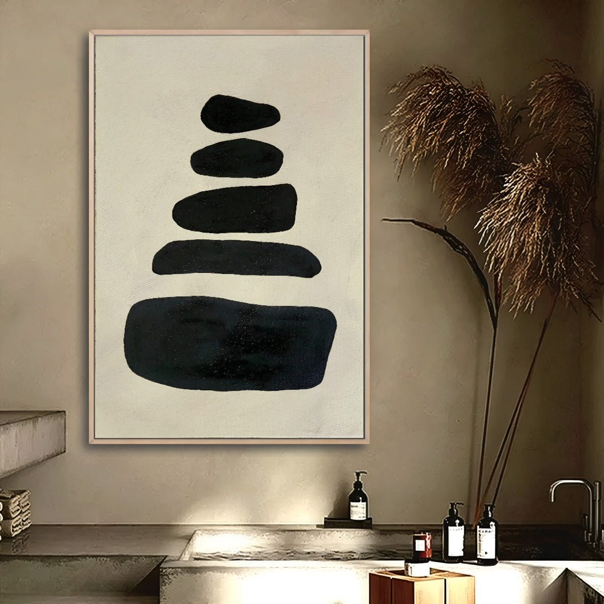 Minimalist black and white abstract oil painting on canvas, featuring stacked geometric shapes for modern interior decor.