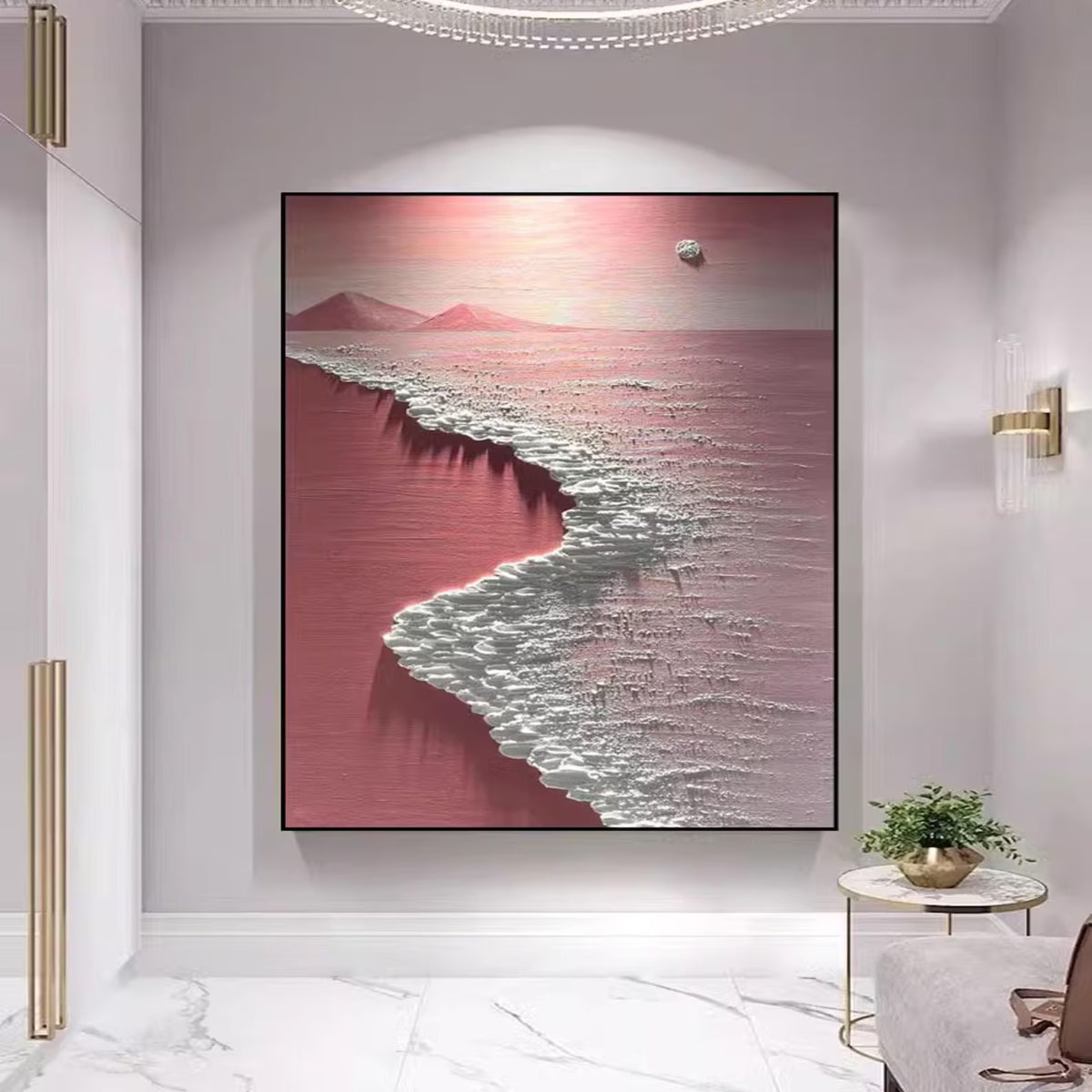 Tranquil beach-inspired artwork that adds warmth to modern or Scandinavian-style living rooms.